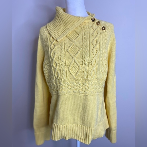 Chaps Sweaters - CHAPS Yellow Cable Knit Sweater Oversized Collar Side Gold Button Detail XL